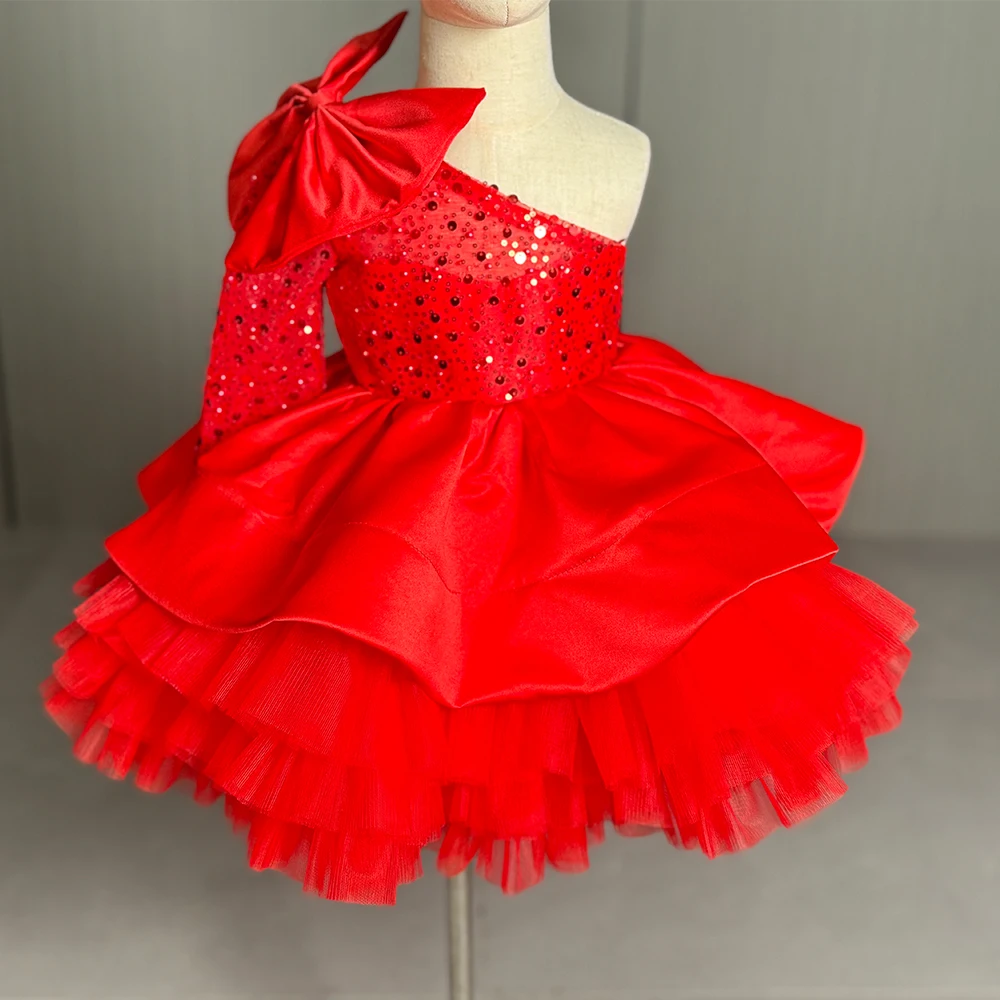 Luxury Sequin Princess Party Dress  sleeved New Fashion Luxury One Shoulder Fluffy Carnival Lace Birthday Children Clothes