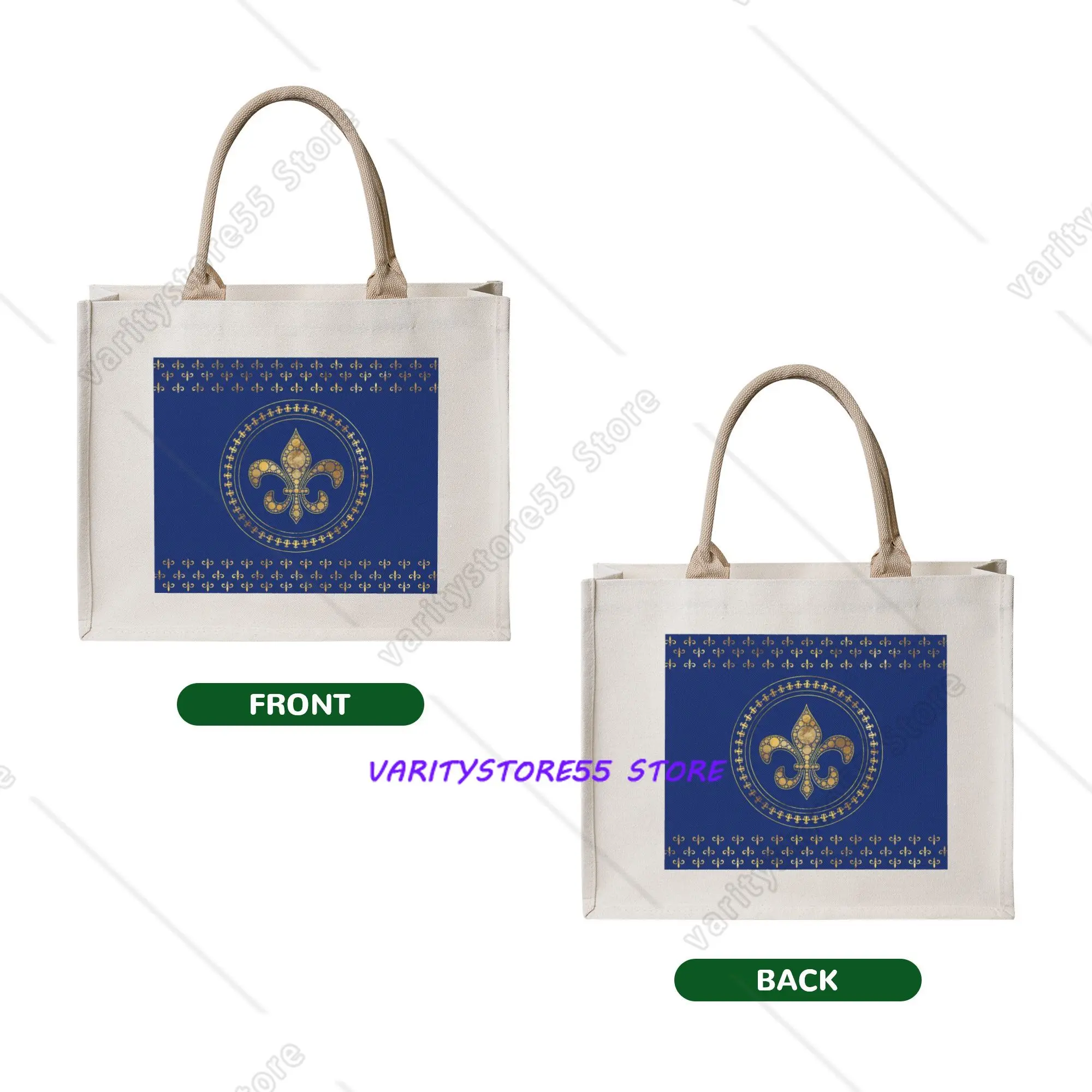 Recycling Fleur-De-Lys Gold and Royal Blue Shopping Bag Women Tote Bag Portable Fleur De Lis Lily Flower Grocery Shopper Bags