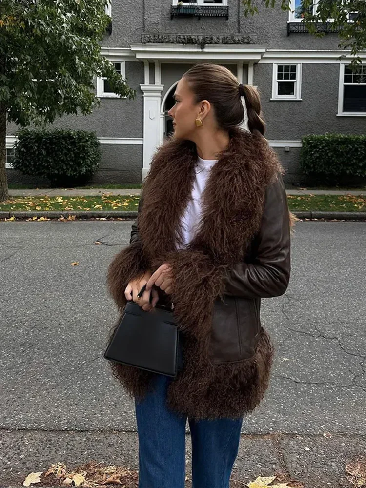 Fashion Brown Faux Fur Leather Splicing Jacket Women Chic Lapel Long Sleeve Pocket Thick Coat Lady New Winter Highstreet Outwear