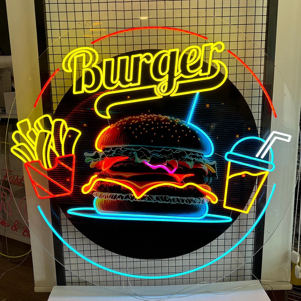 

Burger And Fries Juice Led Neon Pop Art Custom Restaurant Fast Food Shop Decor Neon Sign Hamburger Store Wall Hanging Light Sign