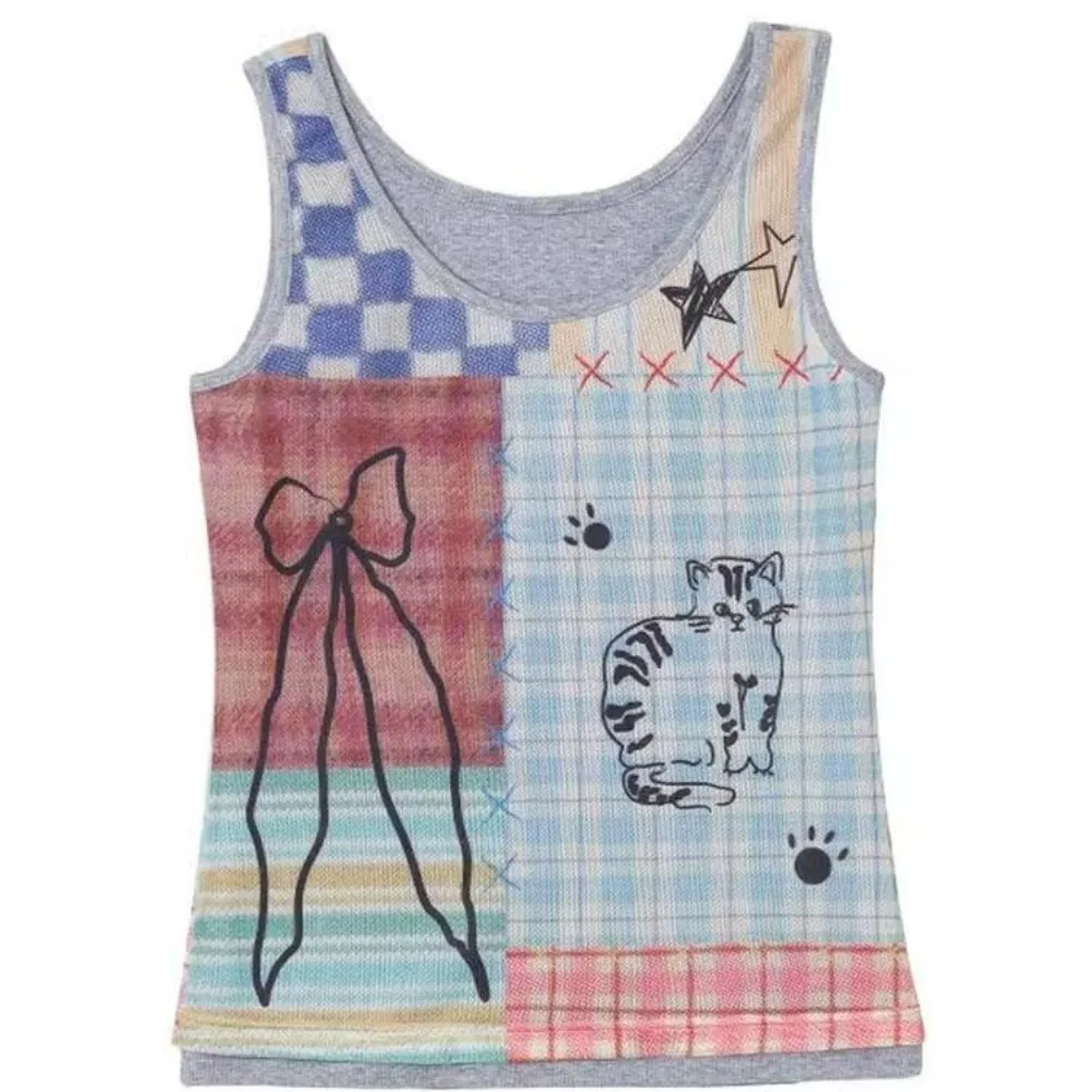 

Cotton Color Block Plaid Camisole 2025 Summer Graffiti Print Slim Fit Sleeveless Top Riot Grrrl Aesthetic Womens Fashion