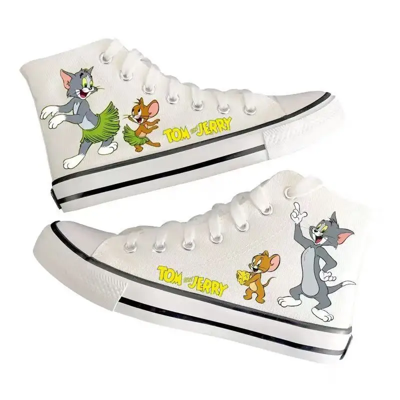 

real pictures Tom and Jerry cat and mouse man's plus big size white Canvas shoes Casual drop shipping black women's skate shoes