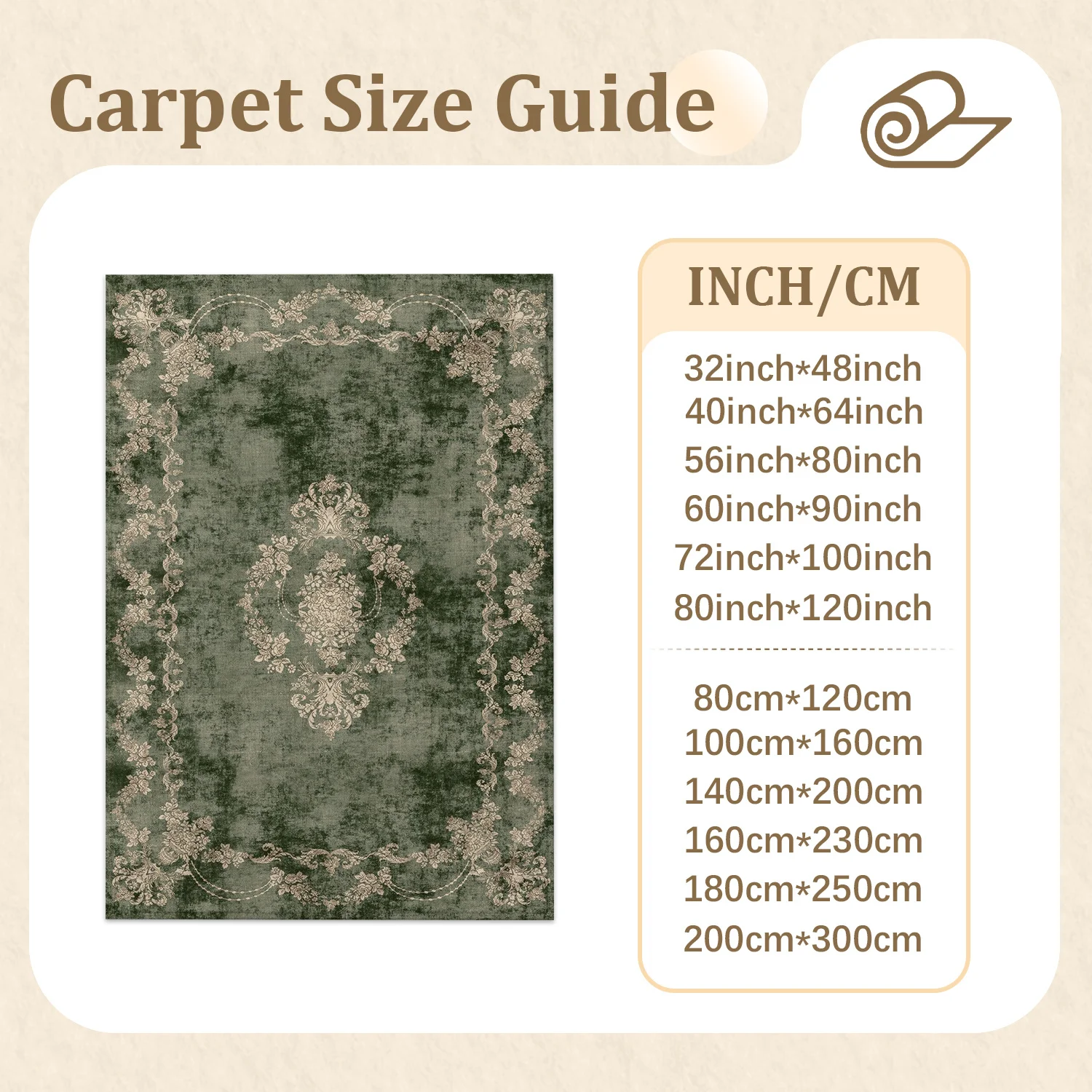 Large Indoor Area Rug, Soft Velvet Low Pile with Non-slip Dotted Backing, Machine Washable Vintage Ornate Floral Muted Green Rug for Living Room, Bedroom, Dining Room Floor Decor