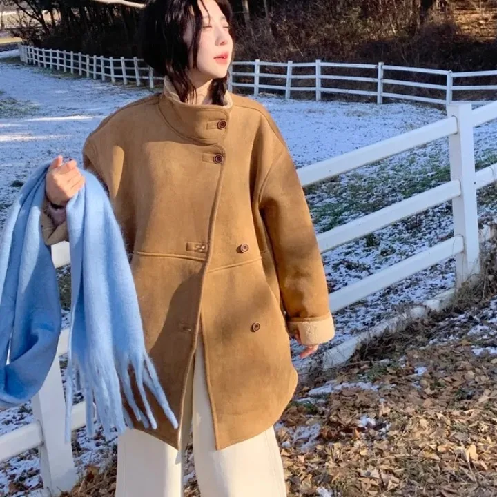 

Women's Chic Winter Thiened Suede Lamb Fur Inteated Coat Stand Collar Retro Soft Korean Sle Long Sve Woolen Outerwear