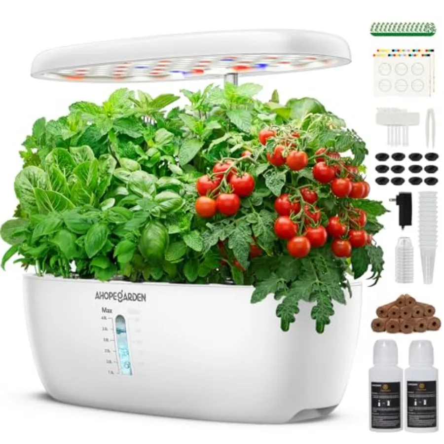 Indoor garden hydroponics growing system: 12-pod herb germination kit with white LED grow light, ABS plastic, countertop vegeta