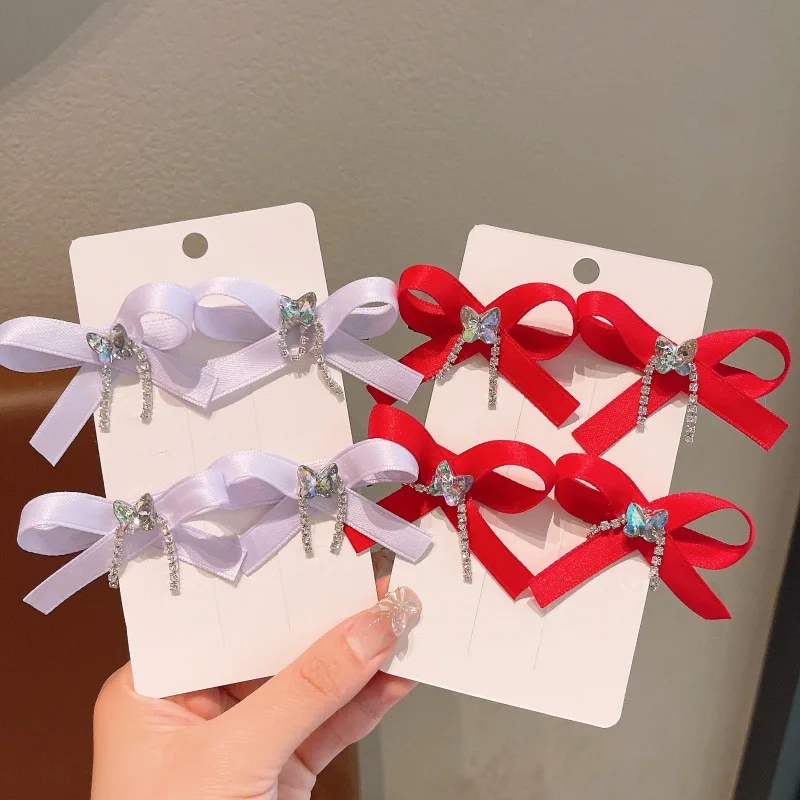 

4Pcs Fashion Rhinestone Ribbon Bow Hair Clips Set for Little Girls Sweet Design Bangs Hair Barrettes Stylish Hair Accessories