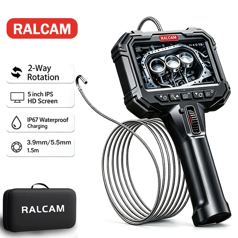 RALCAM 2‑Way Articulating Industrial Endoscope Camera 5" HD Screen Borescope 3.9mm/5.5mm Probe1.5m Tube for Automotive Inspectin