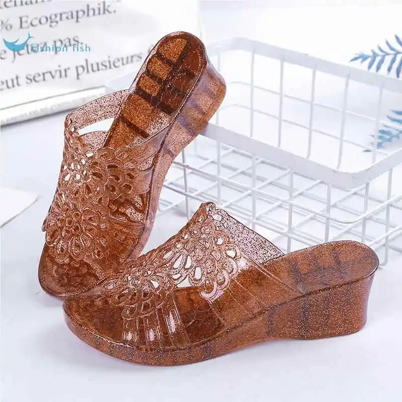 Vintage Crystal Wedge Slippers Bathroom Anti-Slip Odor-Resistant Jelly Slippers Women's Outdoor Summer Slippers Comfortable F...