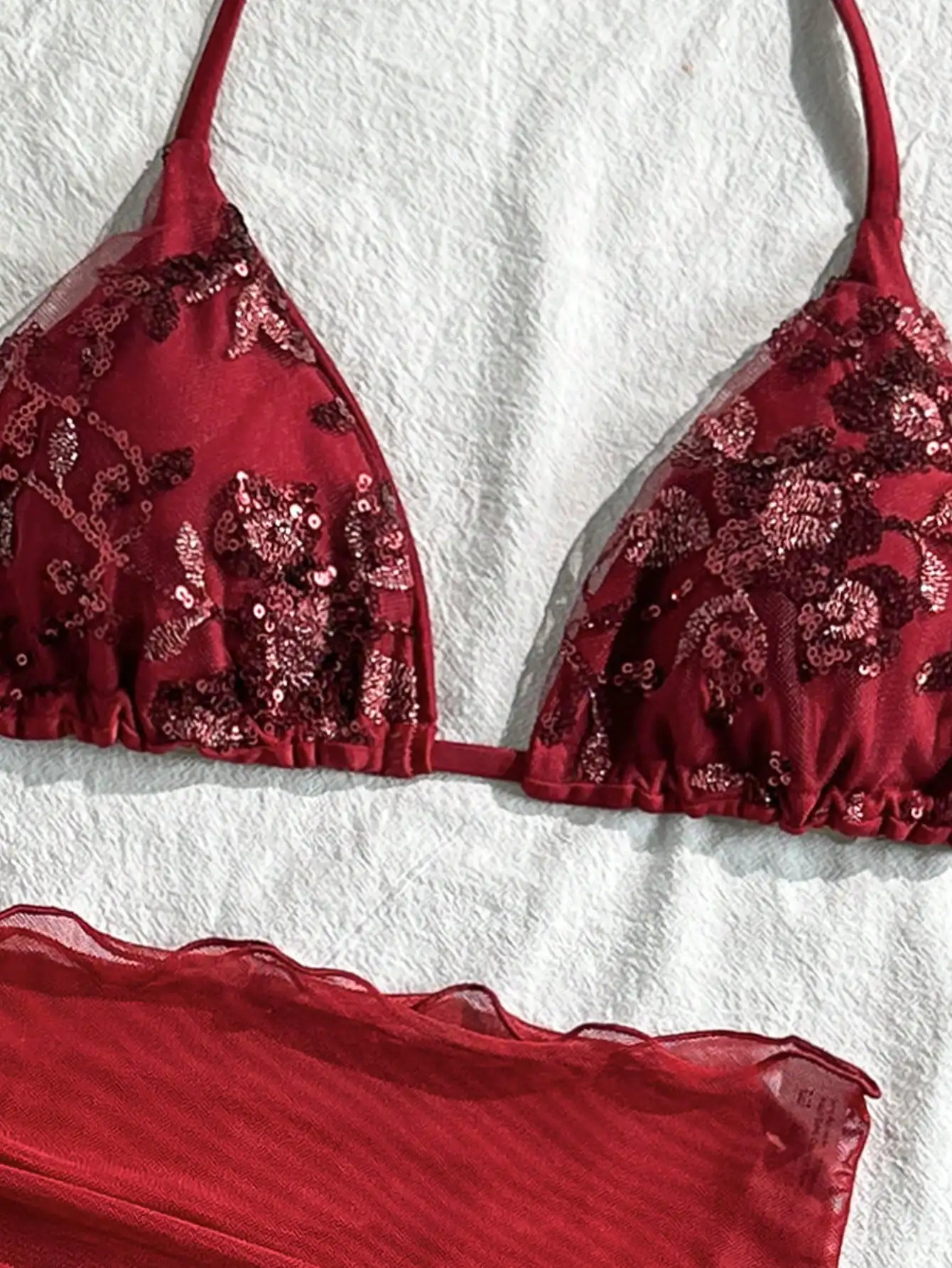 Costavie 3pcs Floral Sequin Textured Halter Bikini Top, Side Tie Bottoms And Mesh Sarong Skirt Sexy Women Swimwear Set