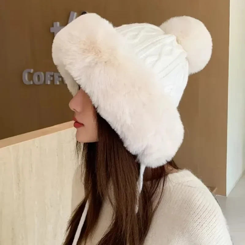 Imitation Rabbit Fur Thermal Winter Hat Women Cute Thickening White Fluffy Ball Cap Earflaps Slipover Plush Hat Шапка Женская