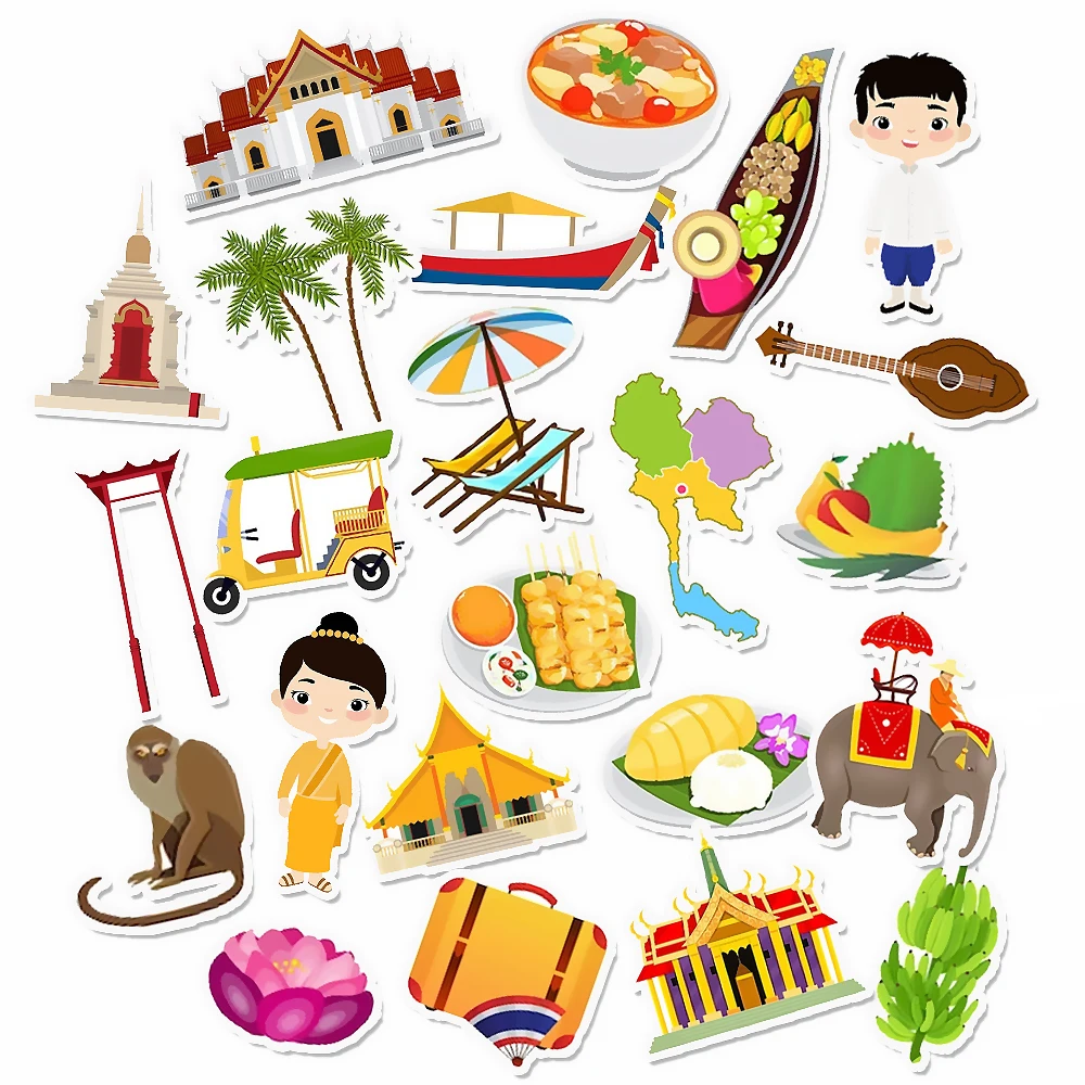 Pack of 35 Thailand Travel Stickers for Laptop,Guitar,Luggage,Phone, Journaling, Scrapbooking and Water Bottle, Cartoon Stickers