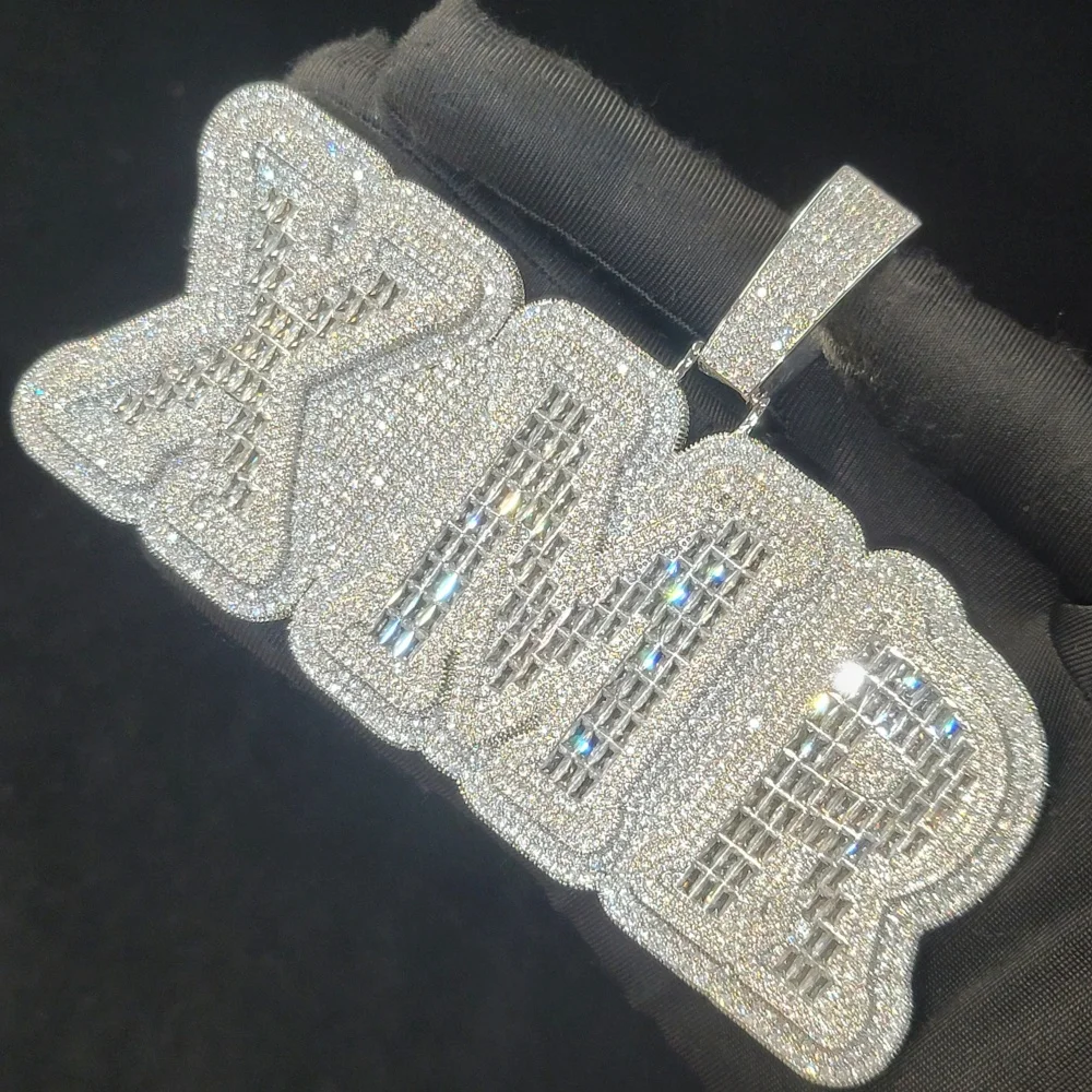 Custom Whole Piece Glossy Solid Back Personalized Big Baguettecz Letter Pendant Charms Name Necklace Cuban Chain Hip Hop Jewelry