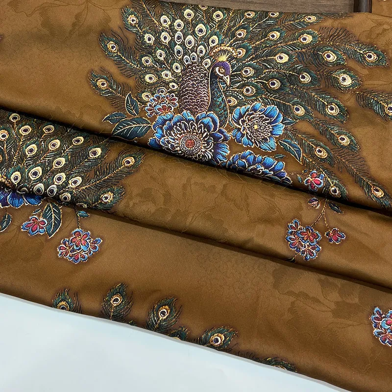 1meter Faux Acetate Printed Fabric Splendid Peacock Peony Floral New Chinese Style Drapey Coat Hanfu Qipao DIY Sewing