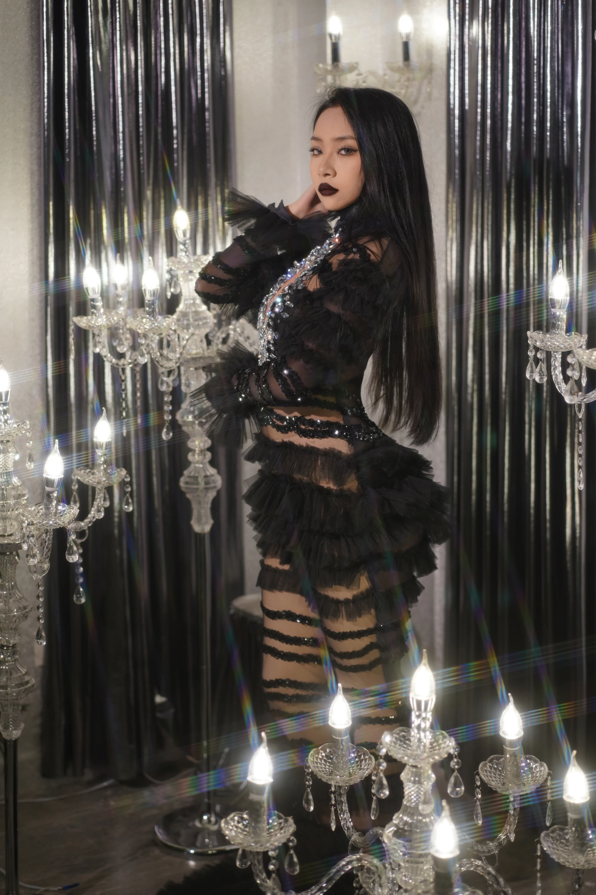 Sparkly Rhinestones Black Mesh TransparentFull-length Dress Women Evening Prom BirthdayDress Sexy Performance Stage Wear B158