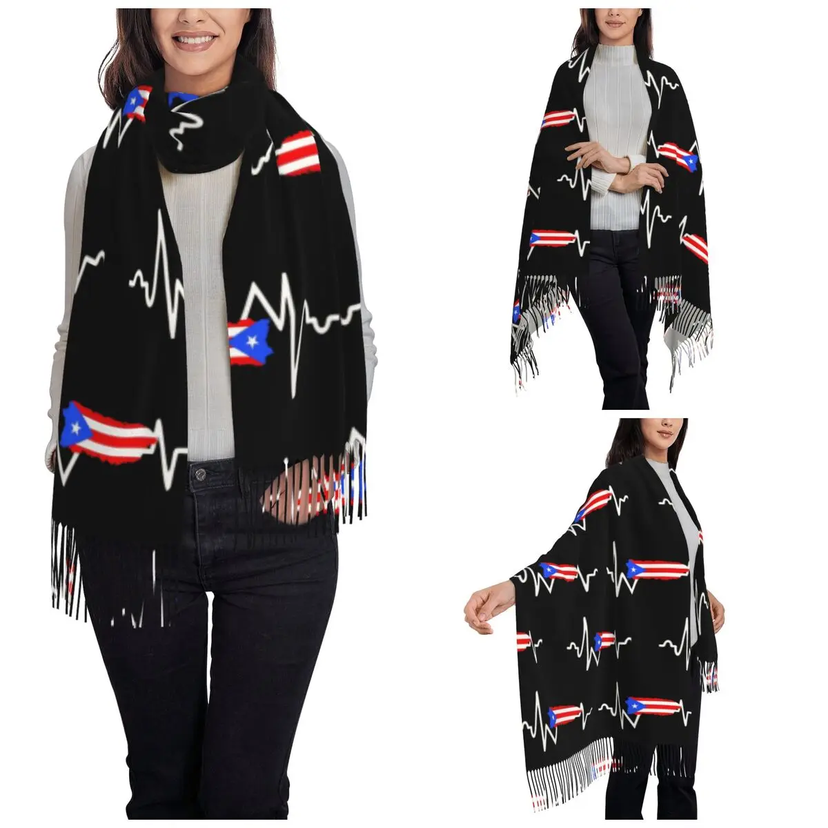 Womens Scarf with Tassel Puerto Rico Heartbeat Long Shawl Wrap Hispanic Heritage Month Boricua Pride Daily Wear Pashmina Scarves