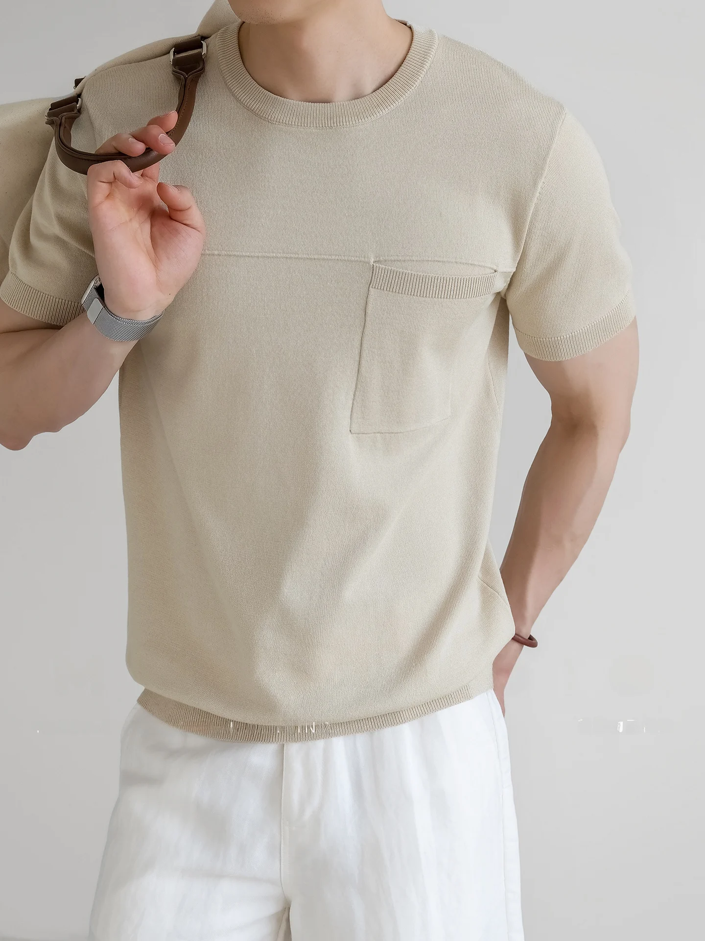 Natural Drape Knitted Short Sleeve T-Shirt Men's Summer Casual Business Anti-Wrinkle Breathable Overhead Shirt Youth Popular ...