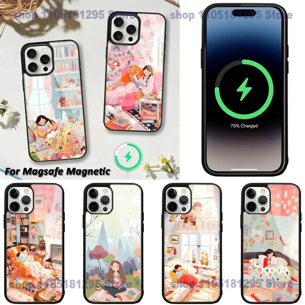 

Cozy Reading Bookshelf Girl Phone Case For iPhone 17,16,15,14,13,12,11,Plus,Pro,Max,Mini Magsafe Magnetic Wireless Charging