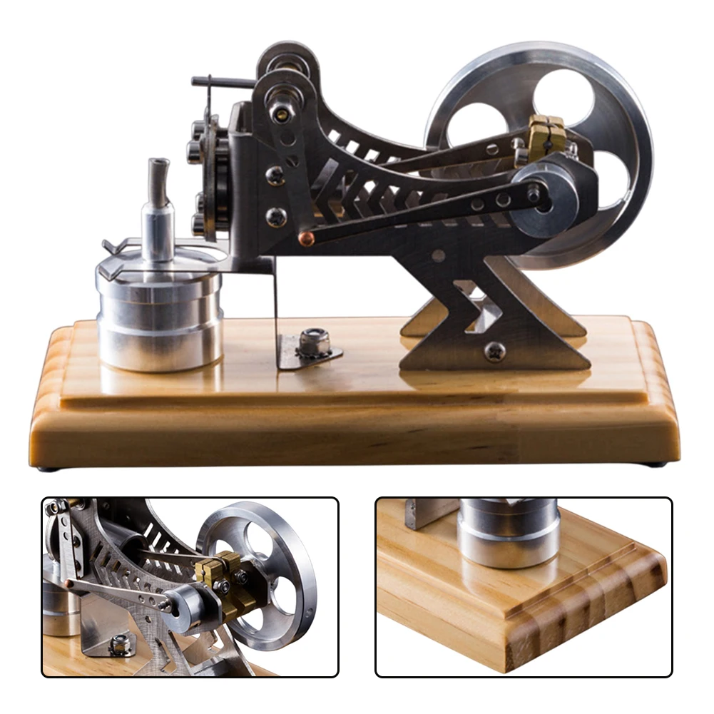 Vacuum Engine Model Kit With Flywheel And Piston Display Stainless Steel Body And Wooden Base For Science-Experiment Teaching