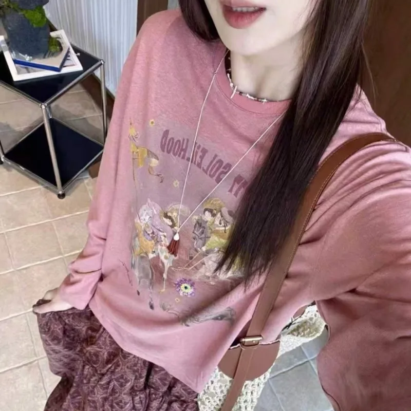 Women Cotton Long Sleeve T Shirt Vintage Polo Figure Print Loose Lazy Casual Top Spring Summer S-4XL