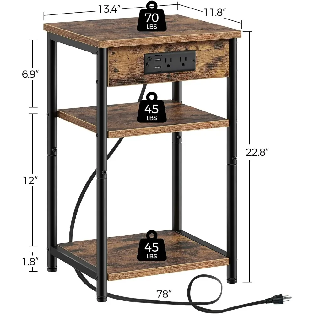 End Table with Charging Station, Night Stand with 3 Storage Shelves, Narrow Side Table with USB Ports & Power Outlet