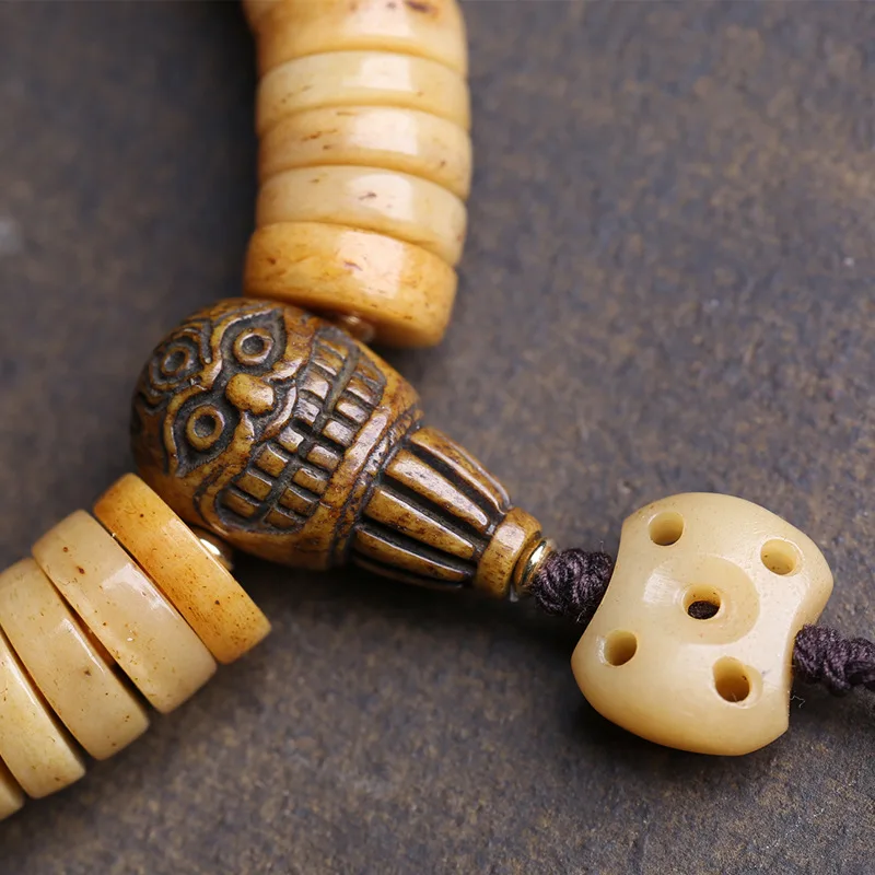 Natural Bead Bracelet Single-Strand With Glazed Melon-Shaped Beads Cowhide And Colorful Painted Yak Bone Accents