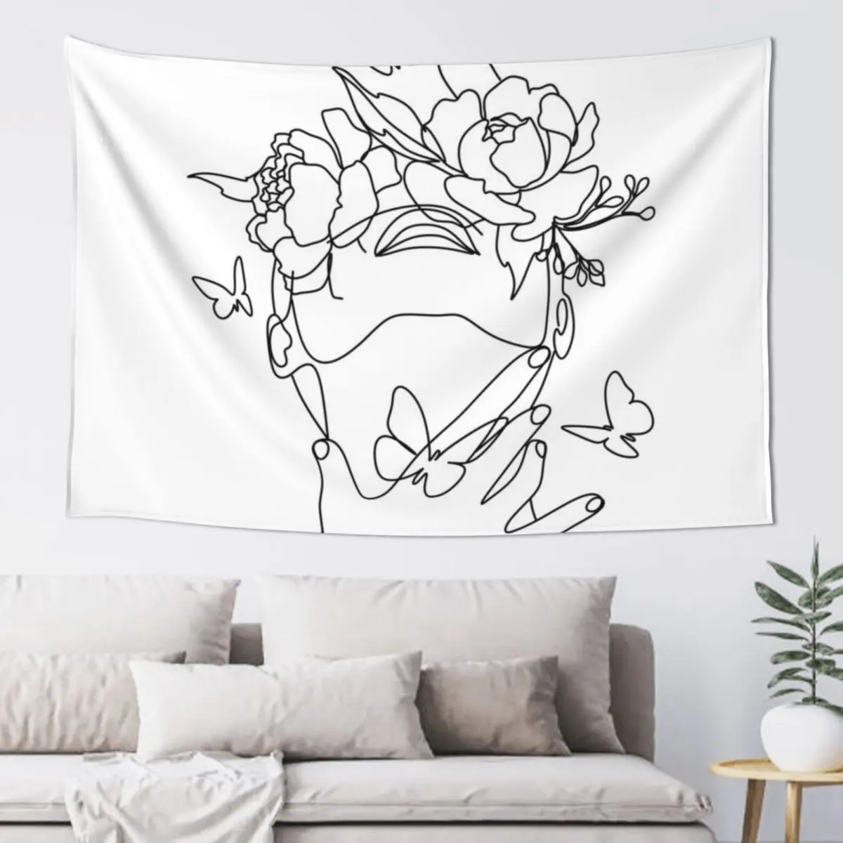 Girl Face Hands With Flowers Instead Head. Minnimalist Art Tapestry Mushroom Decor For Bedroom Tapestry