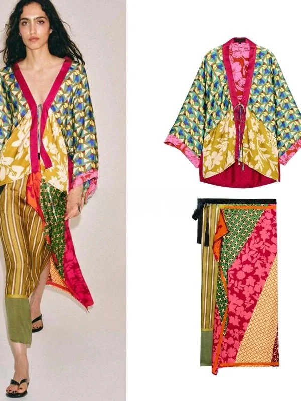 Deep V-neck Printed Jacket with Scarf Wrap Design Floral Stripe Pattern Women's Fashion Outerwear Long Sleeve Summer Shirt