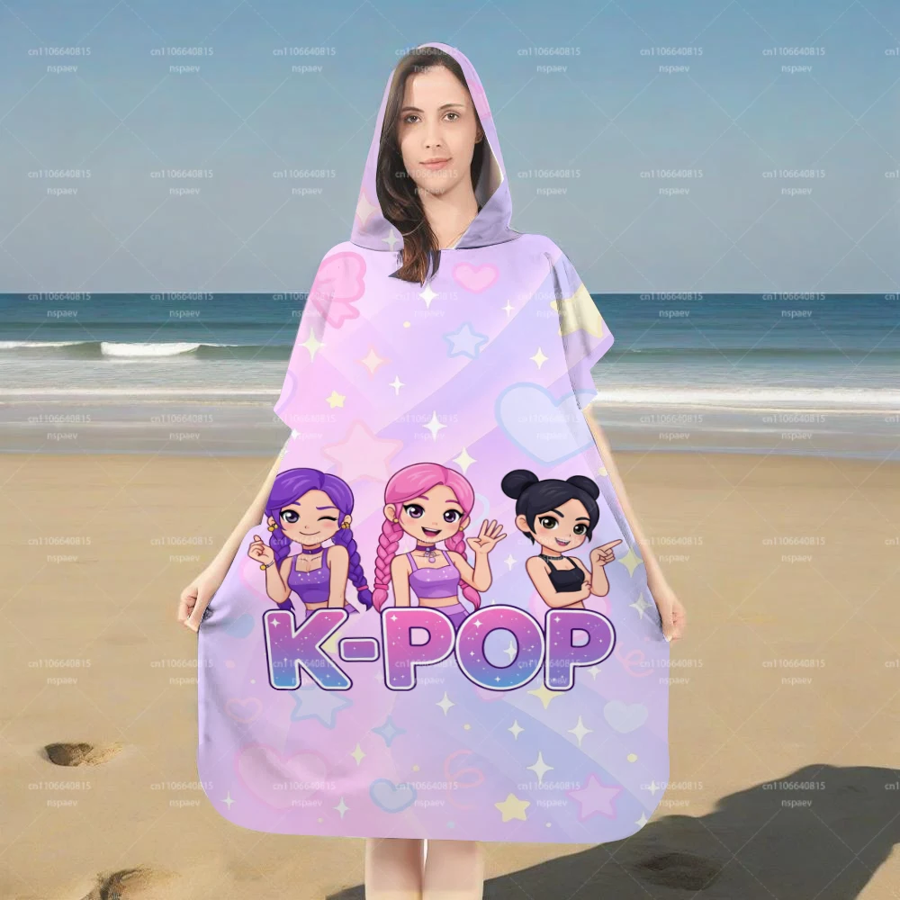 1PC K-Pop Girl Group Hooded Bath Robe Beach Towel for Kids & Adults, Microfiber Quick Dry, Cute Cartoon Print Family Matching