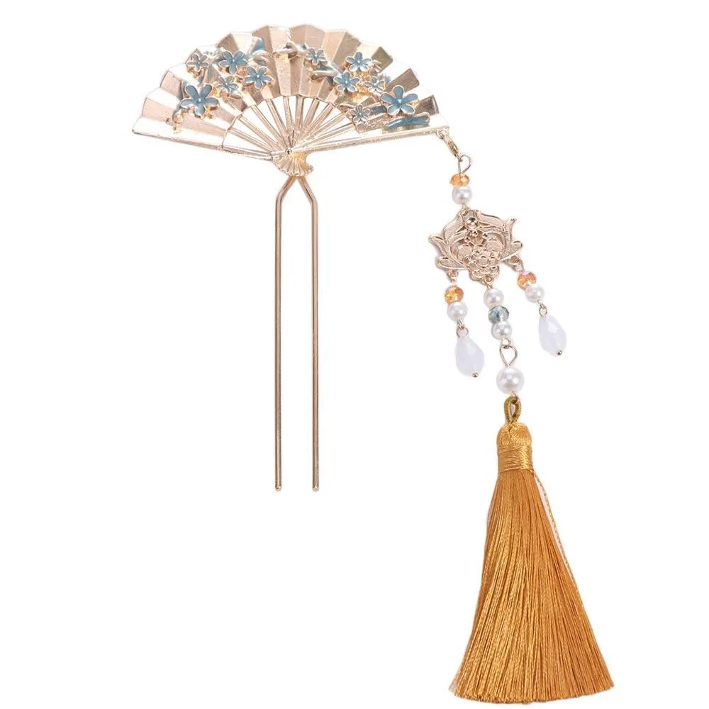 Exquisite Alloy Pearl Fringe Hairpin Retro Tassel Fan Shape Bride Tiara Pearl Neo-chinese Style U Shape Hair Frok Women