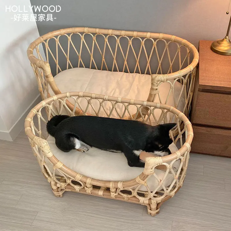 Pet bed hand-woven rattan pet bed dog sofa chair cat princess nest four seasons universal removable Dog Beds for Medium Dogs