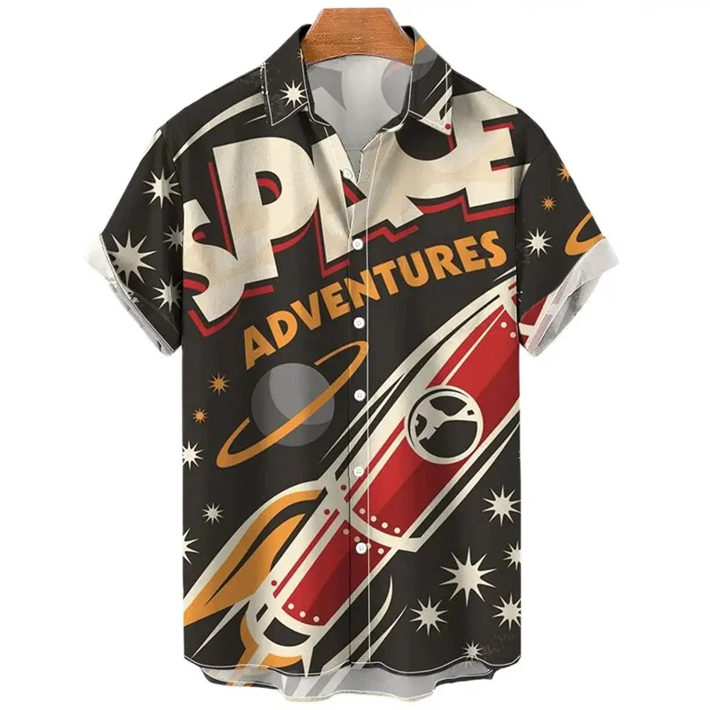 

Рубашка мужская с 3D принтом ракеты, Повседневная Уличная блузка с мультяшным рисунком, свободная рубашка с коротким рукавом, на пуговицах, лето