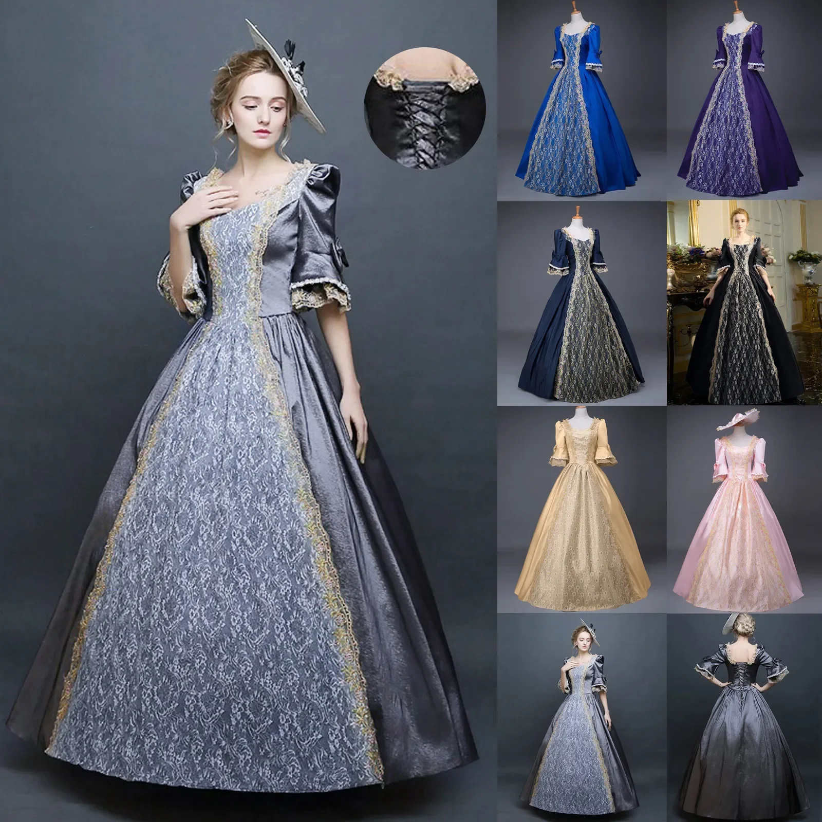 18th Century Medieval Women High Waist Half Sleeve Ball Gowns Princess Lace Patchwork Satin Dress Queen Renaissance Costume