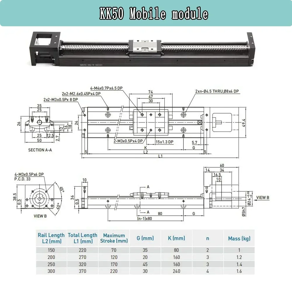 KK Single Axis Robot Linear Moving Module Ball Screw Sliding table KK50 2mm Lead Accuracy 70mm-220mm Stroke Linear Rail Stage