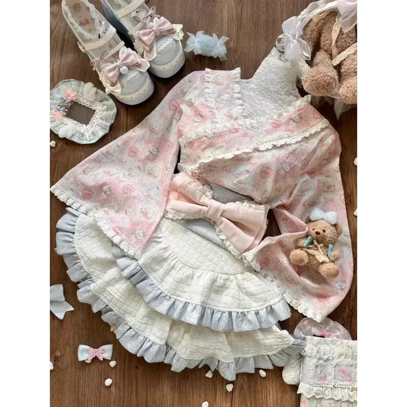 Sweet Girl Vintage Lace Ruffle Edge Floral Top + Cake A-line Bubble Skirt + Bow Slim Waist Waistband 3 Pcs Sets Women Y2k Suits