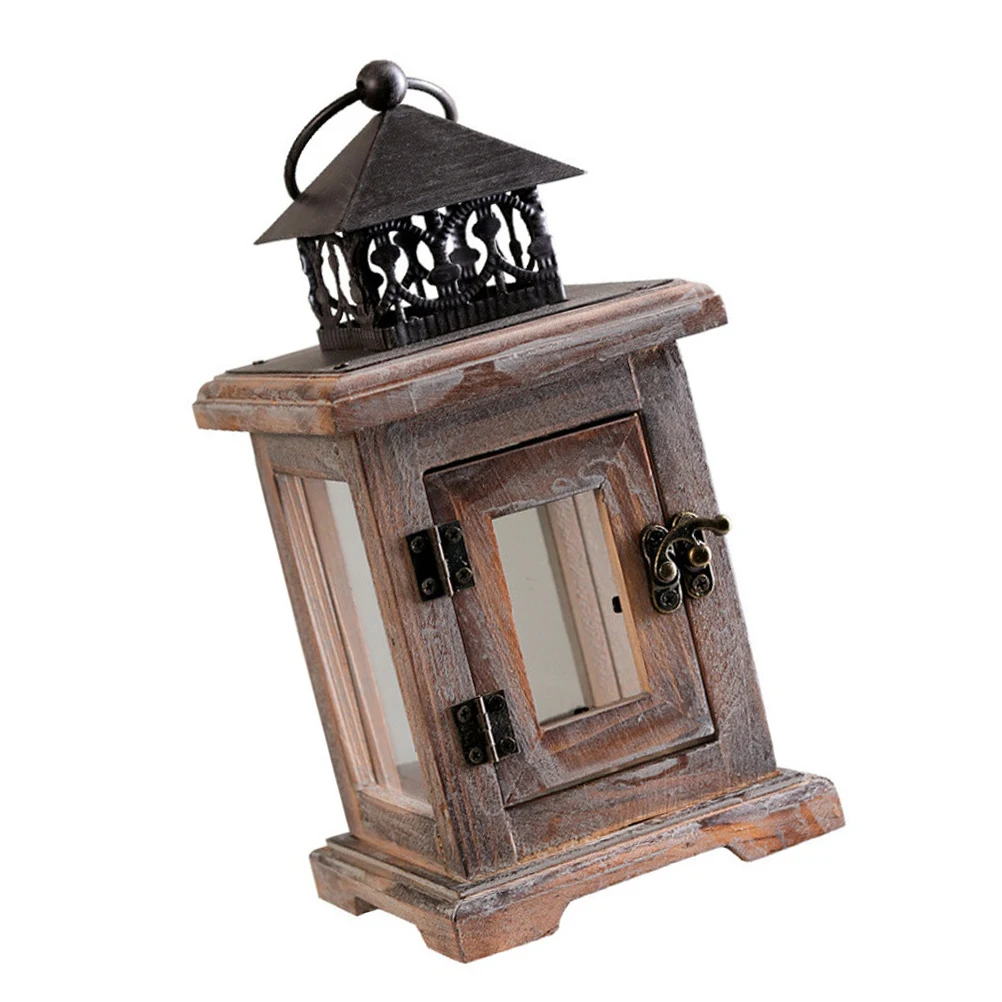 

Retro Iron C Wooden Lantern Home Adornment Vintage C leholder Glass Material Wedding Layout