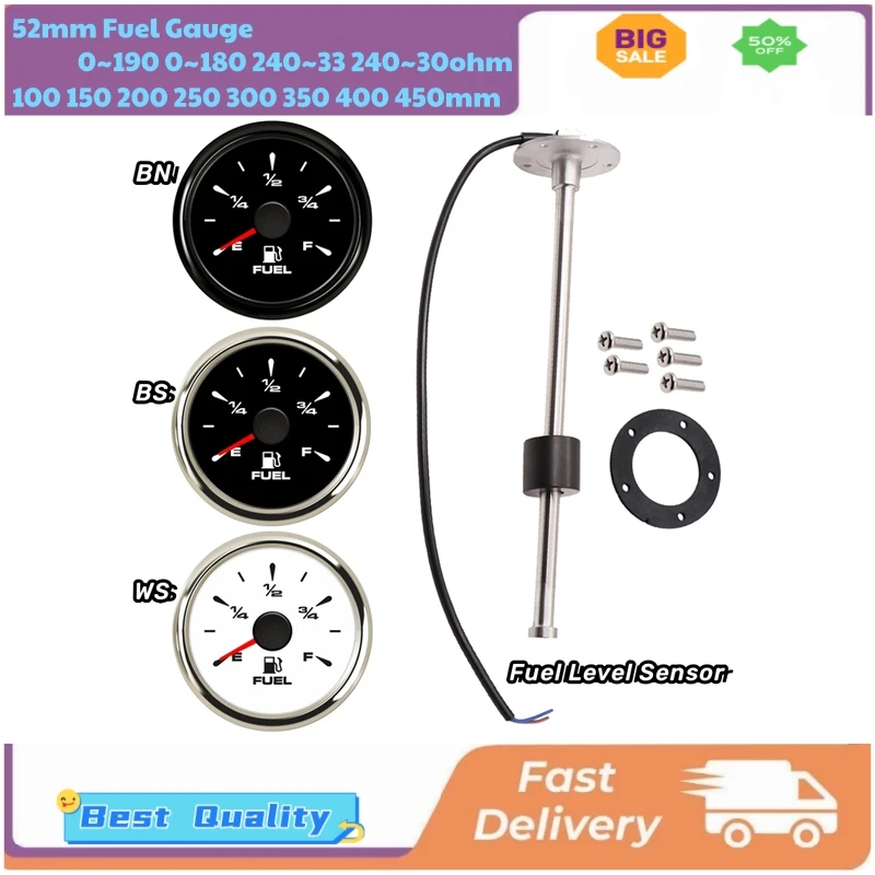 Cars Boat 100 150 200 250 300 350 400 450mm Length Fuel Level Sensors 0-190ohm / 240-33ohm Input Signal Senders 52mm Fuel Gauges
