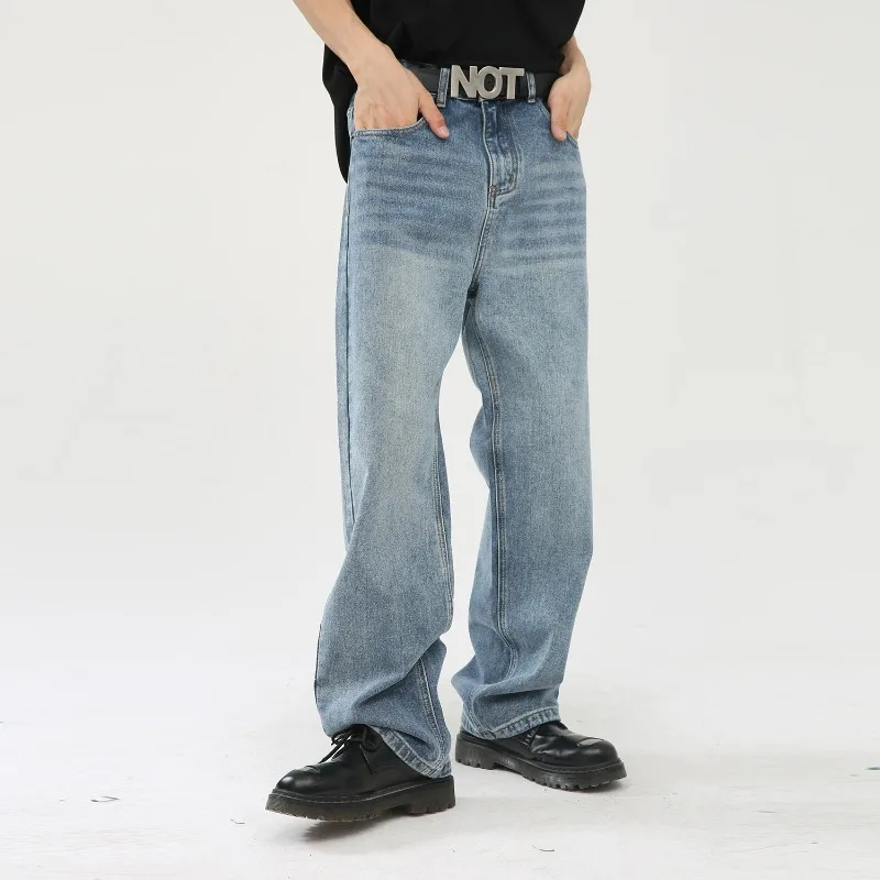 

KIDWHXR Men Straight-leg Pant Simple Solid Color Loose Casual Male Trousers Washed Mis Waist Wide Leg Versatile Man Denim Pant