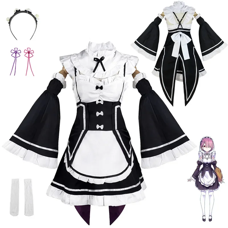 Ram Rem Costume Cosplay Anime Re:zero Kara Hajimeru Isekai Seikatsu Parrucca uniforme Ragazza Donna Cameriera Servo Grembiule Lolita Dress