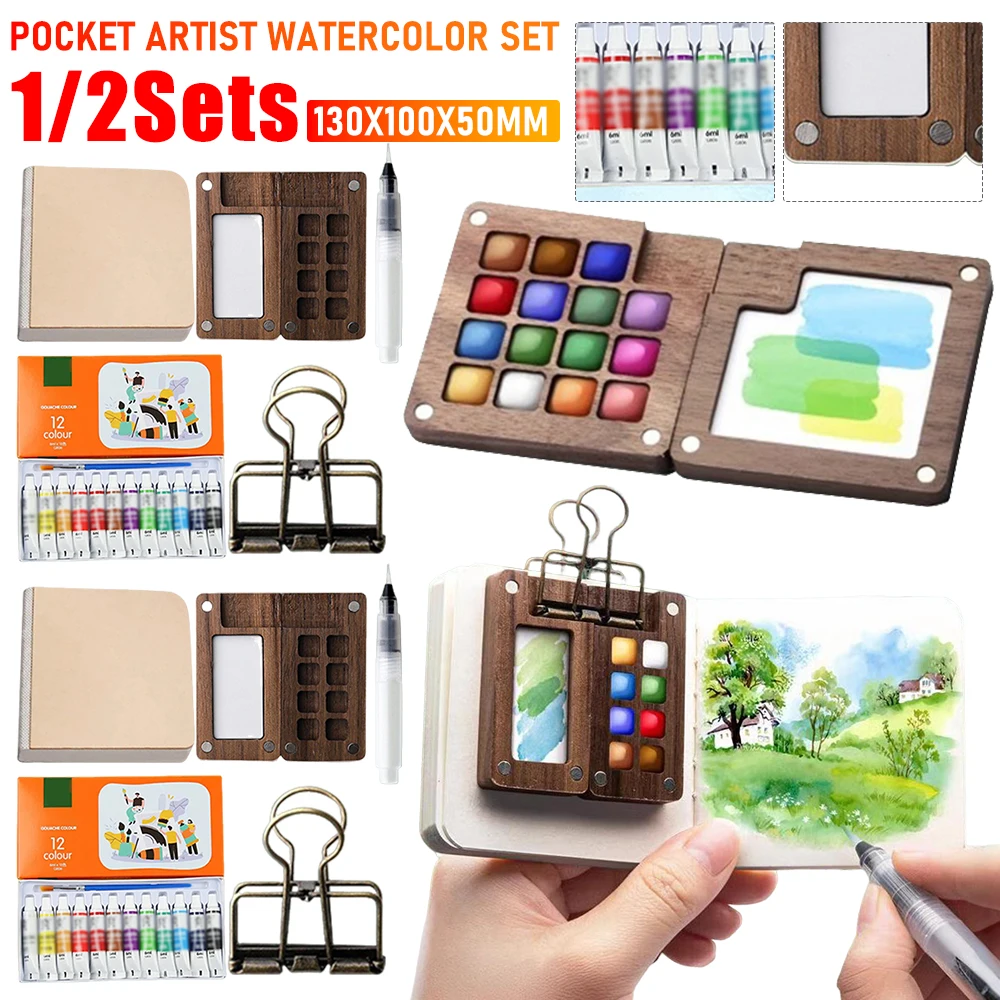 1/2 SET Mini-Reisepalette mit Clip und Aquarelltasche, 8/15 Gitter, hölzerne Skizzenbuchpalette für Künstler und Studenten