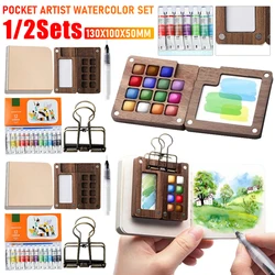 1/2SET Mini Travel Paint Palette With Clip And Watercolor Pocket 8/15 Grids Wooden Sketchbook Palette For Artists And Students