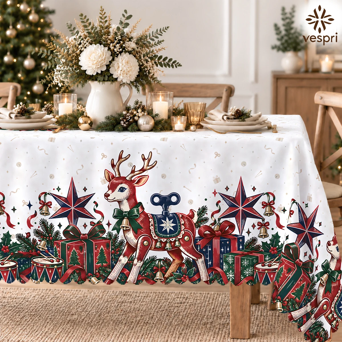 Woodland Tablecloth with Reindeer, Squirrels, Santa for Indoor/Outdoor Camping decor, Rectangular/Round/Oval