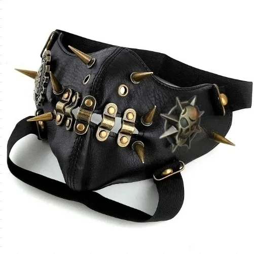 ผู้ชายผู้หญิงสีดํา PU หนัง Rivet Skull Punk Rock หน้ากาก Lady's Breathable Party คอสเพลย์ฮาโลวีนปาก-muffle R3367