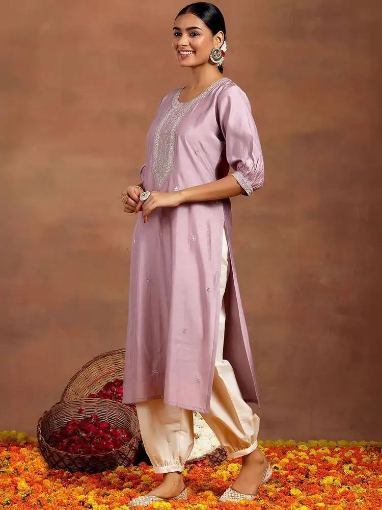 Indian Women's Clothing Unique Round Neck Loose Purple Exotic Style Cotton Blend Embroidered Spring Summer Mid-Length Top