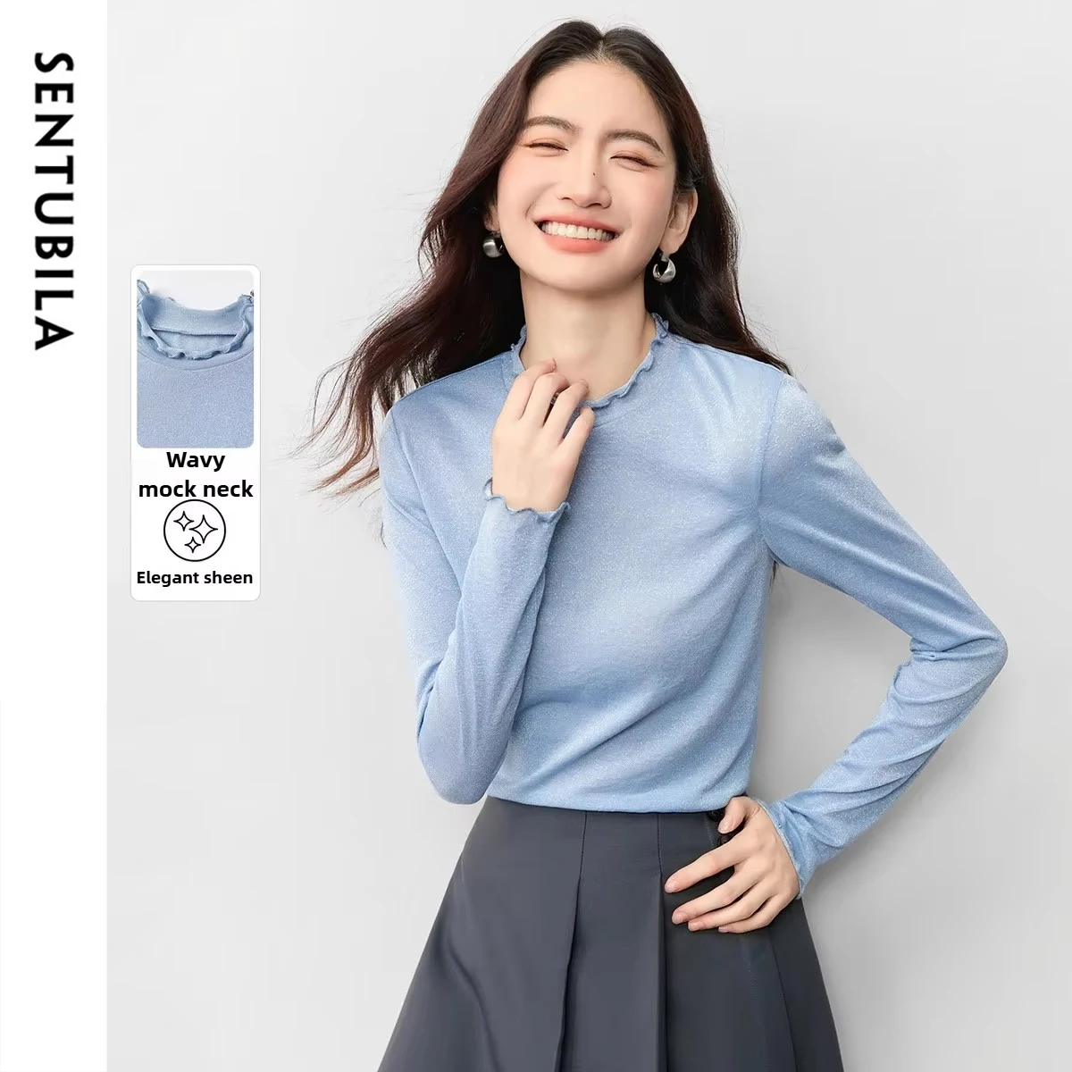 

SENTUBILA элегантные женские футболки с длинными рукавами, осень 2023, футболки с волнистыми краями и полувысоким воротником, тонкие вязаные женские топы 153TN2717