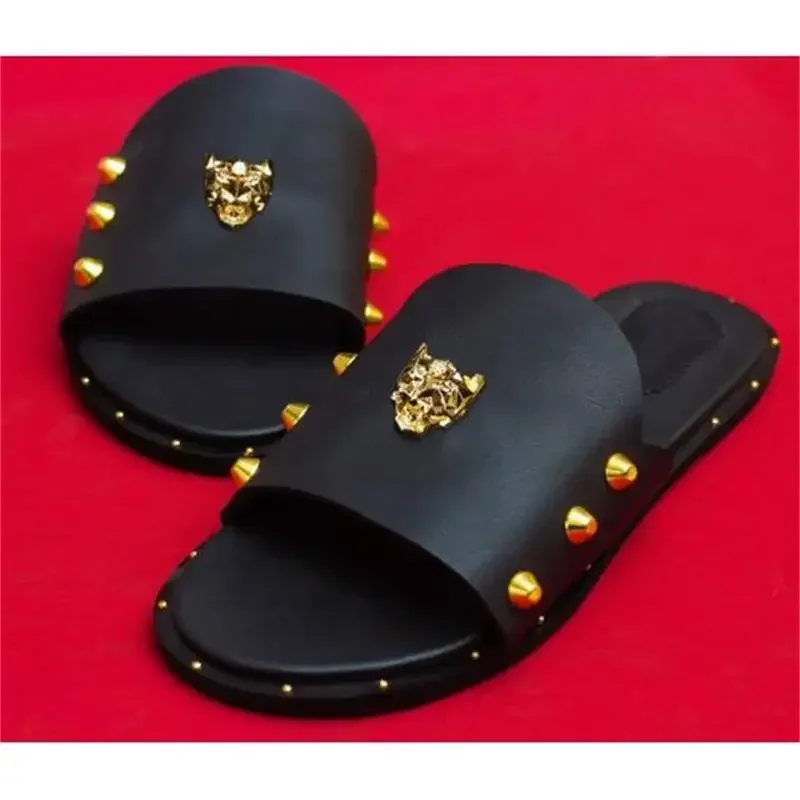 

Sandals Men Shoes PU Solid Color Fashion Casual Beach Pool Daily Classic One Word Open Toe Rivet Metal Flat Heel Slippers