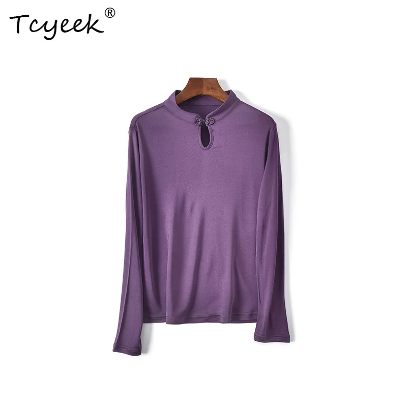 

Tcyeek, Natural Silk Elegant T-Shirts, Women Long Sleeve Mandarin Collar, Commute Casual OL Tops, 2024 Autumn Winter T48750QM