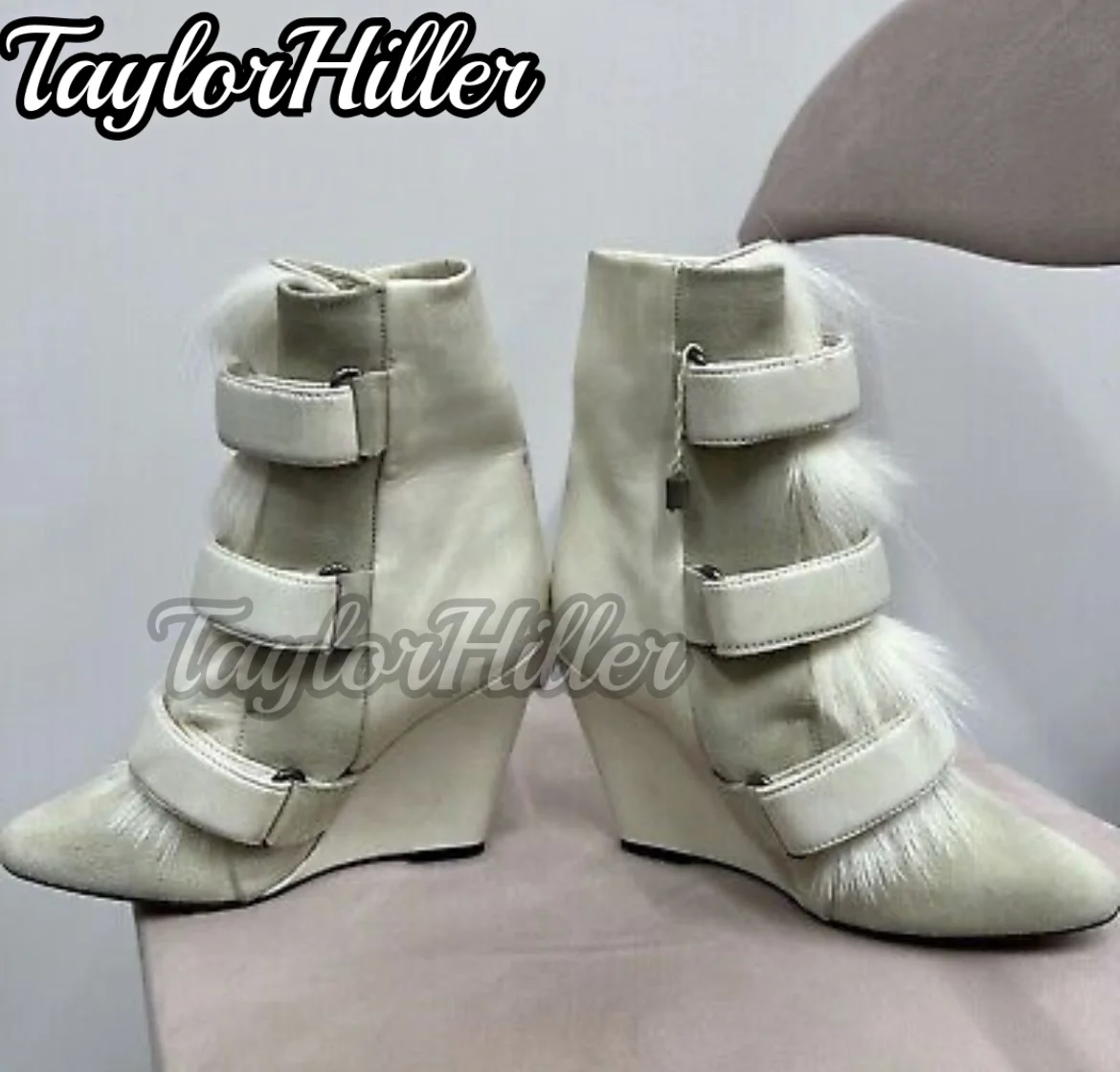 Black Fur Boots Pointed Toe Botas Women Luxury Designer Shoes Multi Buckle 2025 New Winter Sport Mid-calf Booties Solid Zapatos view 4