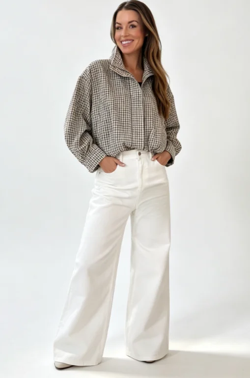 Women Color Blocking Checked Stand Collar Short Jacket Hidden Zip Pockets Cropped Coat 2026 Autumn New Casual Street Outerwear