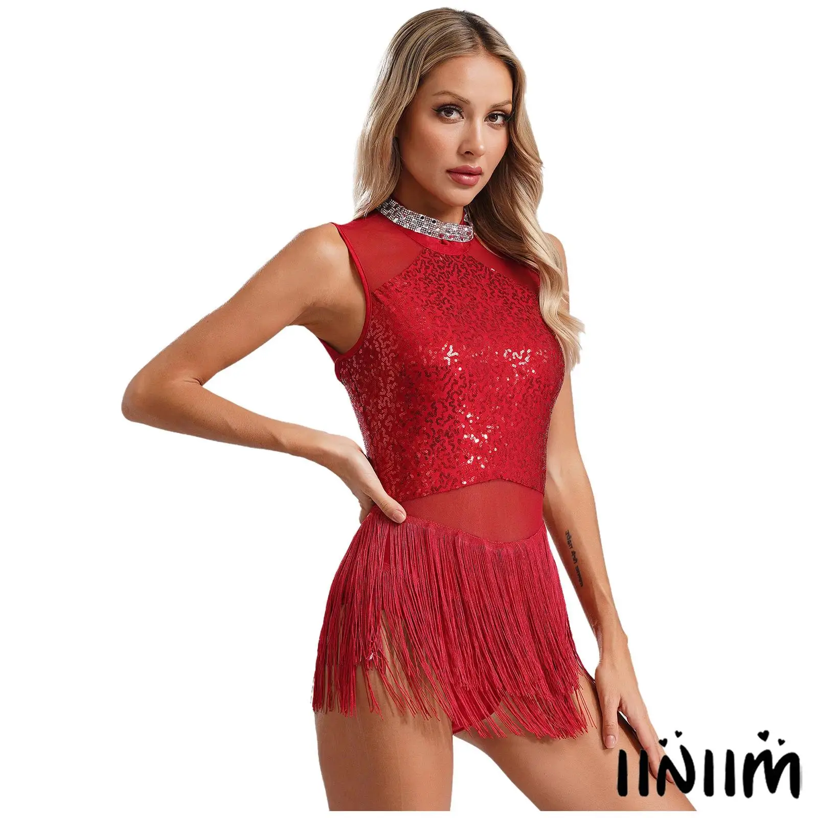 

Sparkling Rhinestone Sequins Latin Dress for Womens Sleeveless Fringed Leotard Sheer Mesh Tassel Hem for Latin Ballet Dance Wear