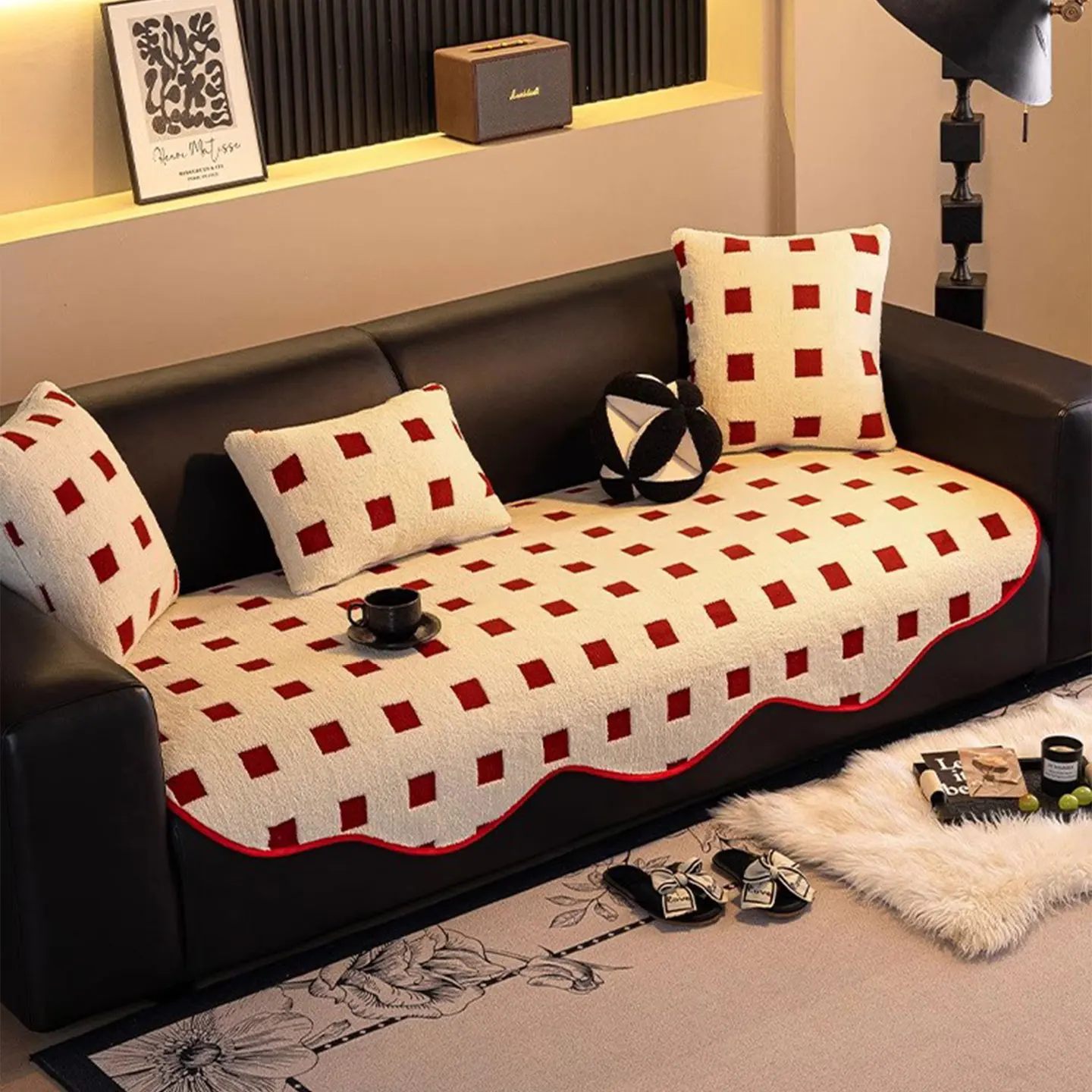 

New Year Red Irregular Shape Sofa Cushion Autumn Winter Plush Straight Row Pad High Sensation Anti Slip Cover Cloth